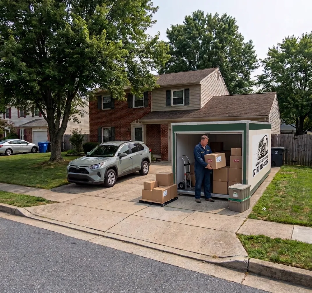 A Lok Box mobile storage container parked at a home with boxes stacked beside its open doors