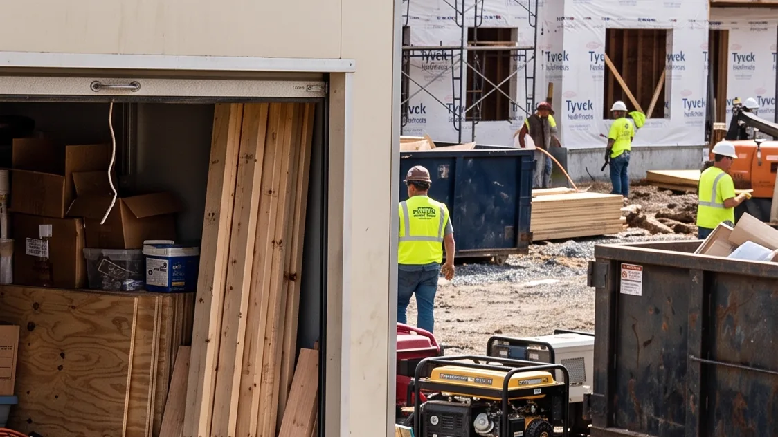 Open Lok Box container holding lumber, tools, and supplies at an active construction site