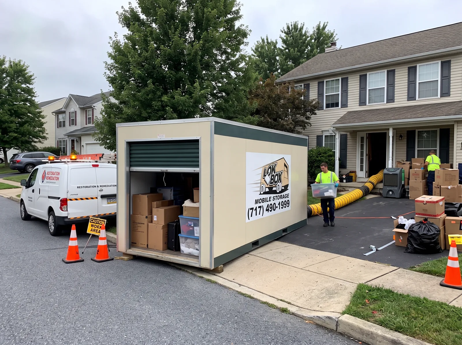 Lok Box container at a home remediation job with restoration crew, equipment, and boxed belongings